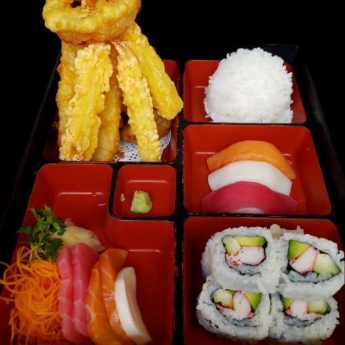 Sushi, Sashimi, Shrimp and Vegetable Tempura.